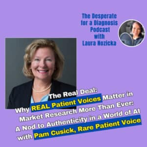Purple graphic promoting RPV's Pam Cusick as a guest on the Desperate for a Diagnosis podcast